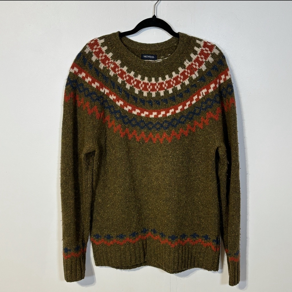 McNeal Lambswool Sweater Men’s Size Medium Green Orange Aztec Fair Isle Crewneck - Picture 2 of 15